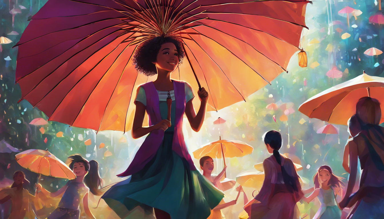 A girl with a magical umbrella surrounded by friends from different dimensions in a celebration.