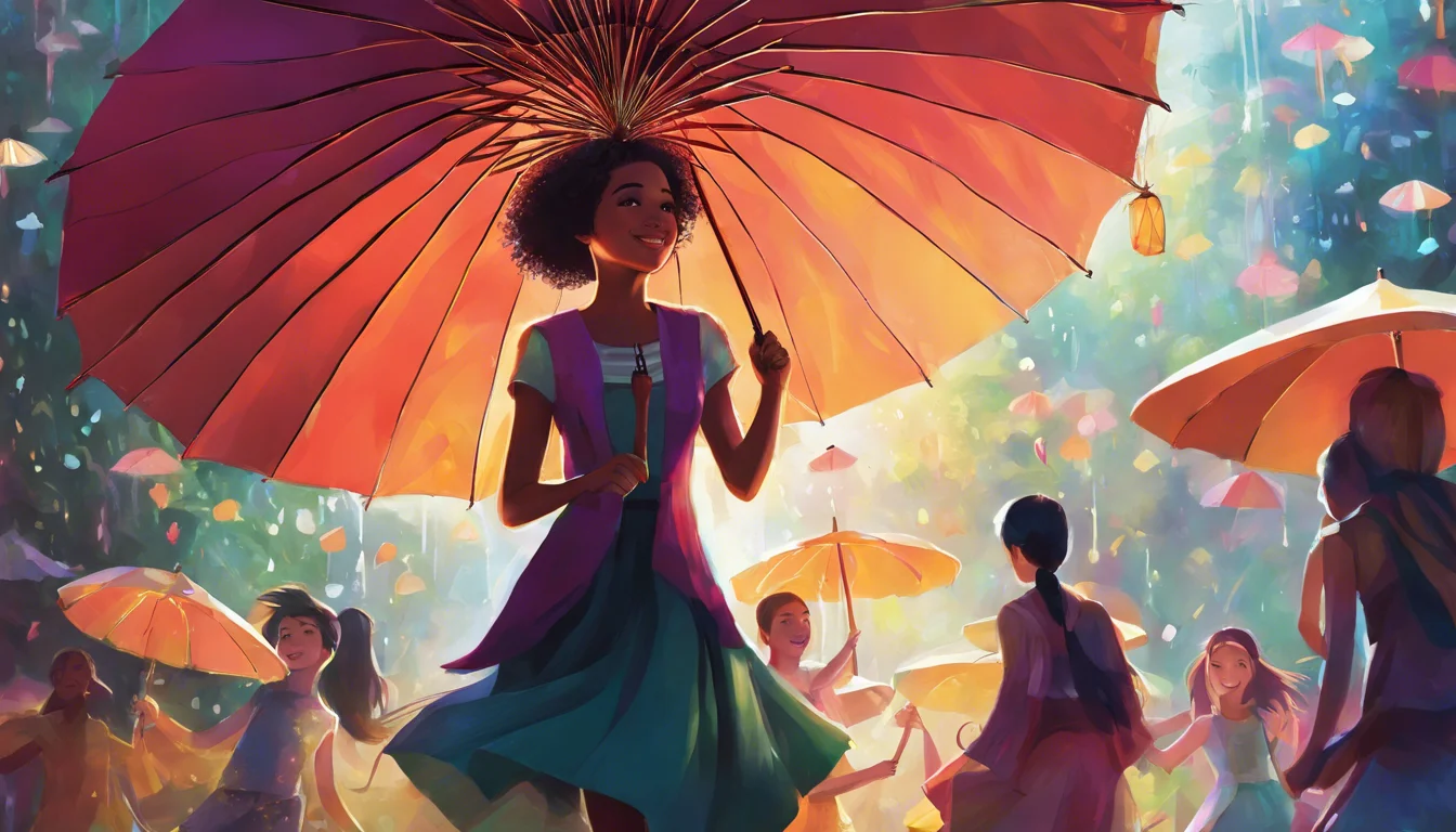 A joyful young woman holding a vibrant umbrella, surrounded by others with similar umbrellas in a colorful, dreamlike setting.