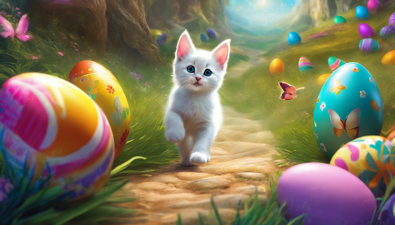 A playful kitten follows a bunny in a colorful Easter wonderland.
