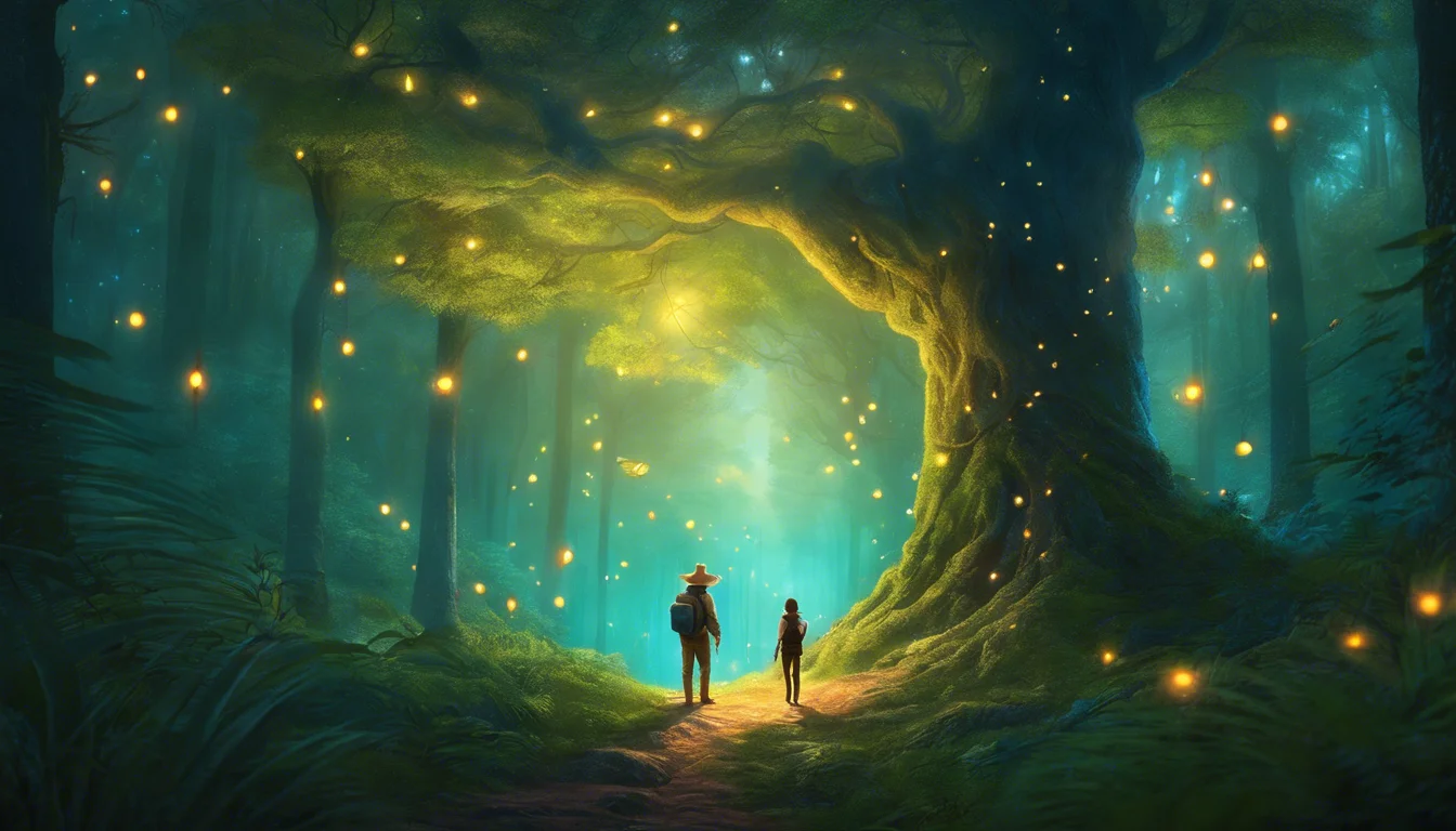 Two figures stand in a mystical forest illuminated by glowing lights, facing a large, enchanting tree surrounded by ethereal blue hues.