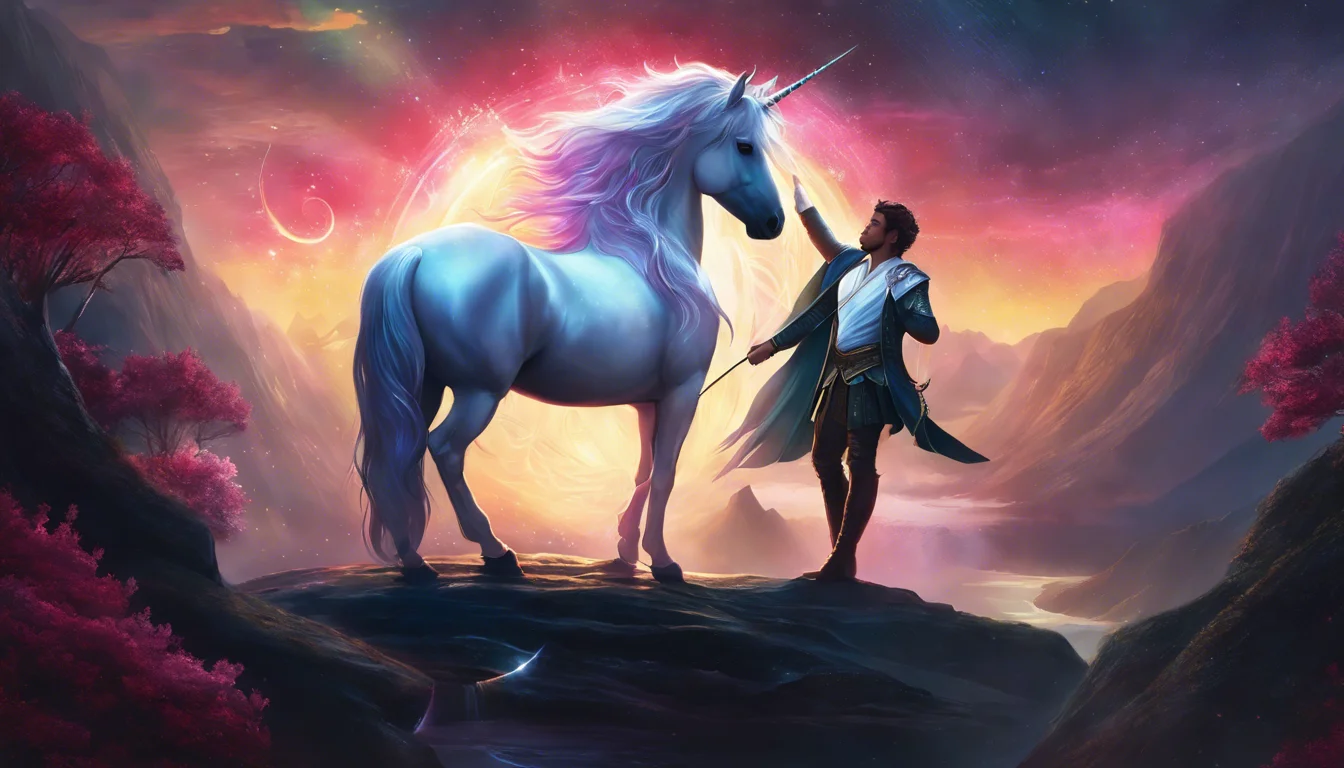 A majestic unicorn with a flowing mane stands on a rocky outcrop, while a man in elegant clothing reaches out to it against a vibrant, cosmic background at twilight.