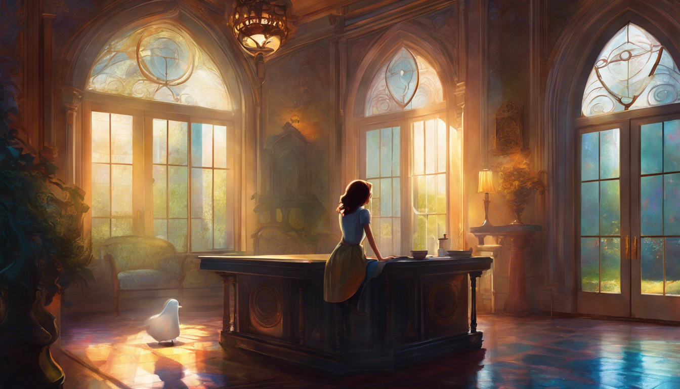 A girl and a ghost exploring a whimsical mansion.