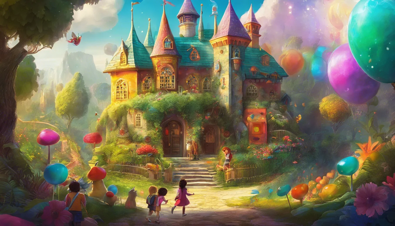A colorful fairy tale castle surrounded by vibrant trees, oversized flowers, and balloons, with children walking toward the entrance.