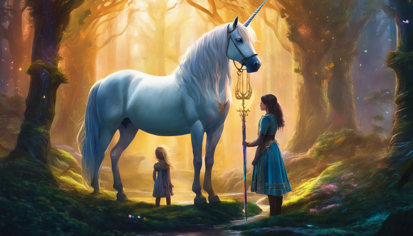 Two children with a unicorn in an enchanted forest surrounded by glowing symbols.