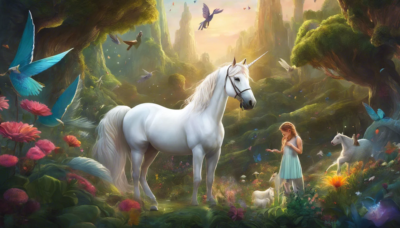 A magical forest scene featuring a young girl in a light blue dress interacting with a majestic white unicorn, surrounded by colorful flowers and vibrant birds.