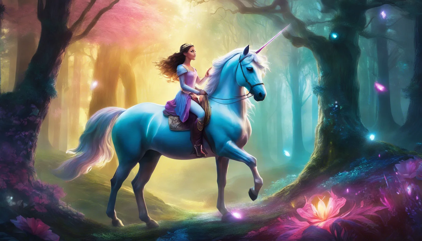 A young woman in a flowing dress rides a shimmering white unicorn through a vibrant, enchanted forest filled with colorful flowers and ethereal light.