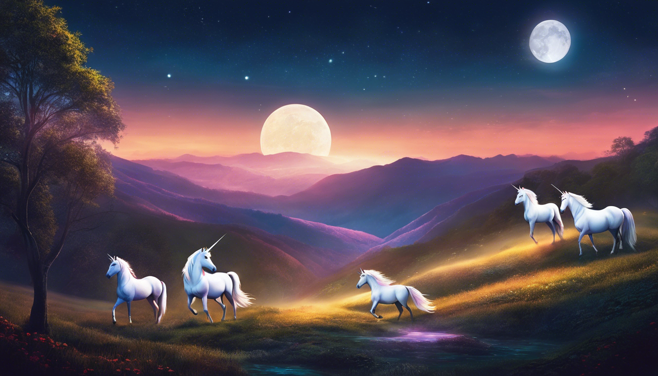 A group of unicorns in a mystical moonlit valley.
