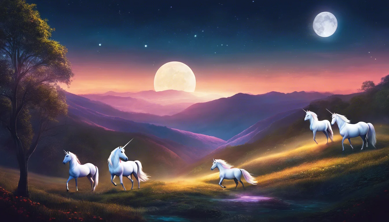A serene landscape at dusk featuring four white unicorns grazing under a glowing full moon and a starry sky.