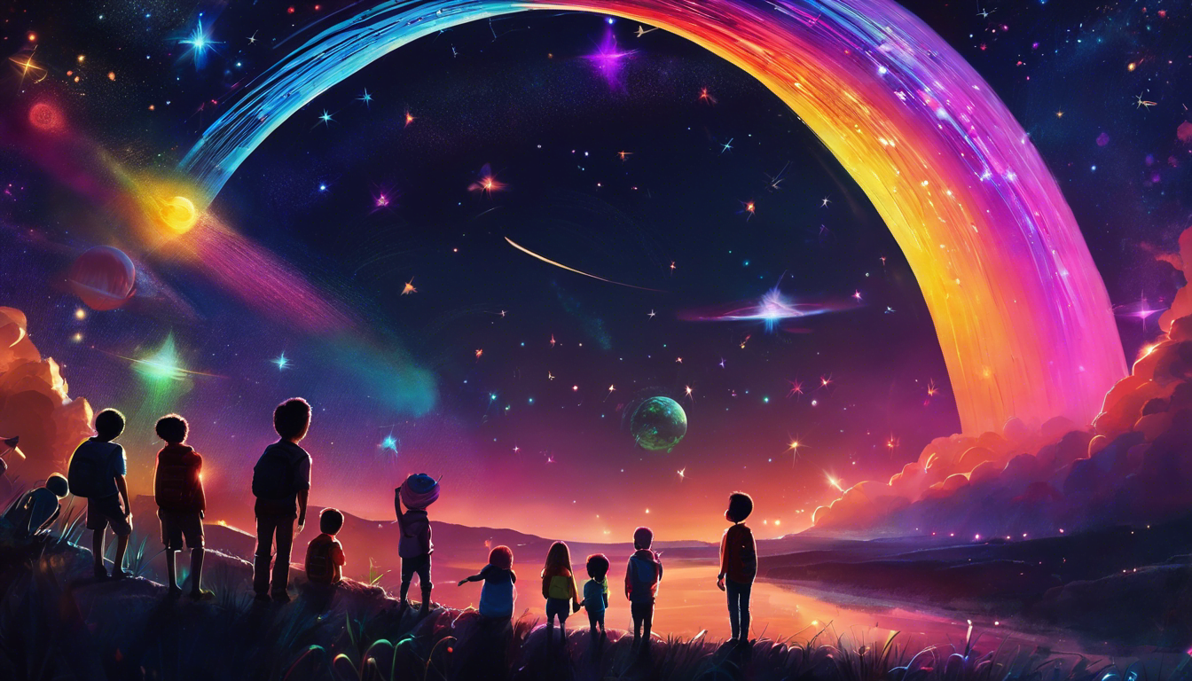 A colorful alien stargazing with a diverse group of children.
