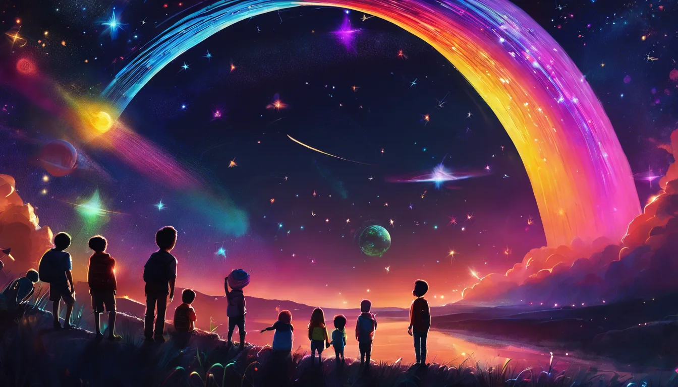 Silhouettes of children standing on a grassy hill, gazing up at a vibrant, cosmic sky featuring a colorful rainbow arching over stars and planets.