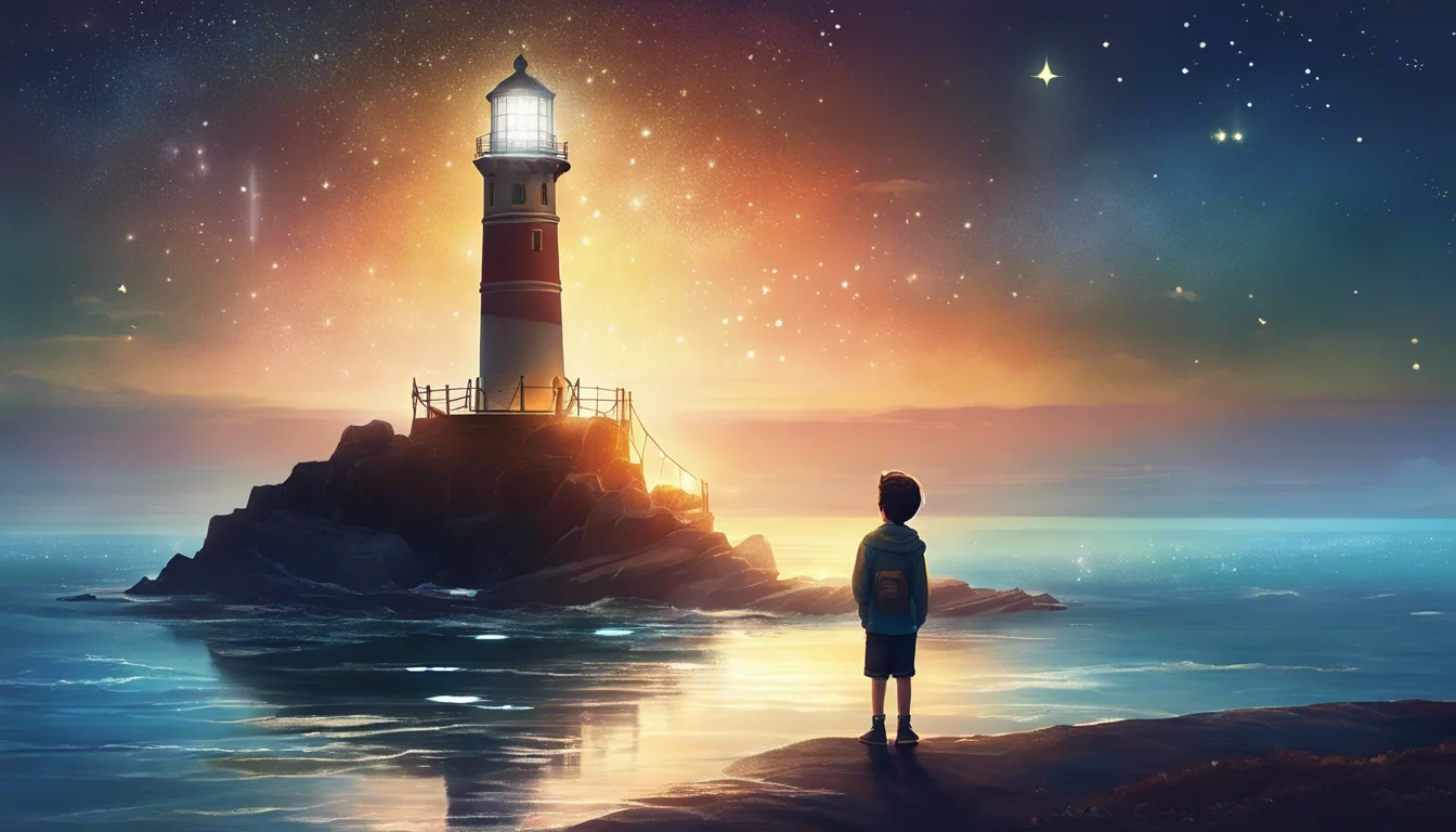 A serene sunset scene featuring a child standing near the ocean, gazing at a brightly lit lighthouse atop a rocky island under a starry sky.