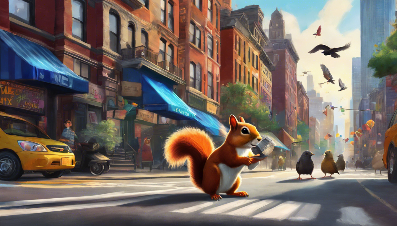 A curious squirrel explores a vast cityscape.