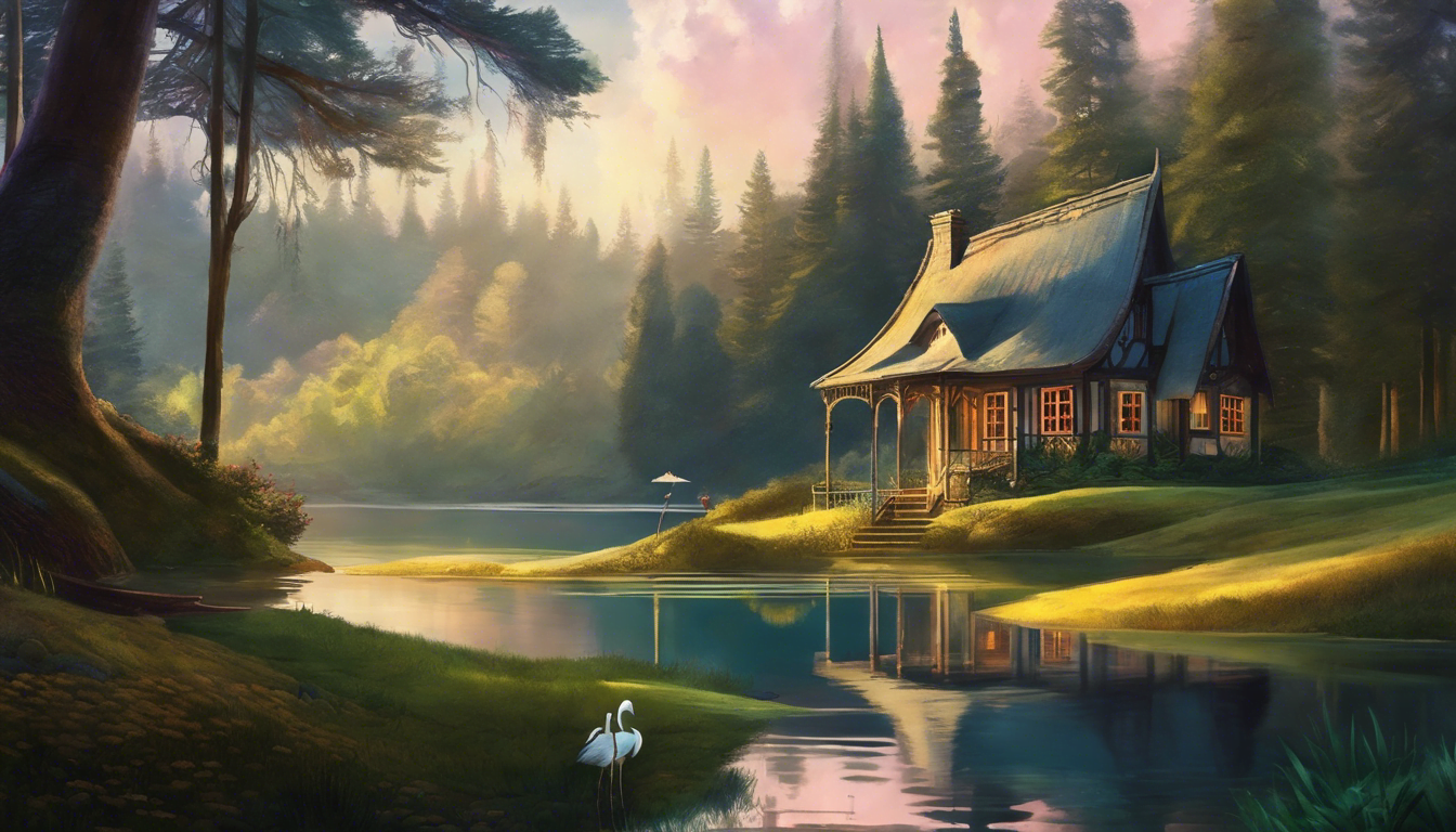 A magical cottage by a tranquil lake, herons in the foreground.