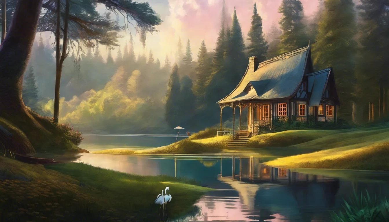 Serene lakeside scene featuring a cozy cabin surrounded by lush trees, with a white bird near the water and soft sunset colors in the sky.