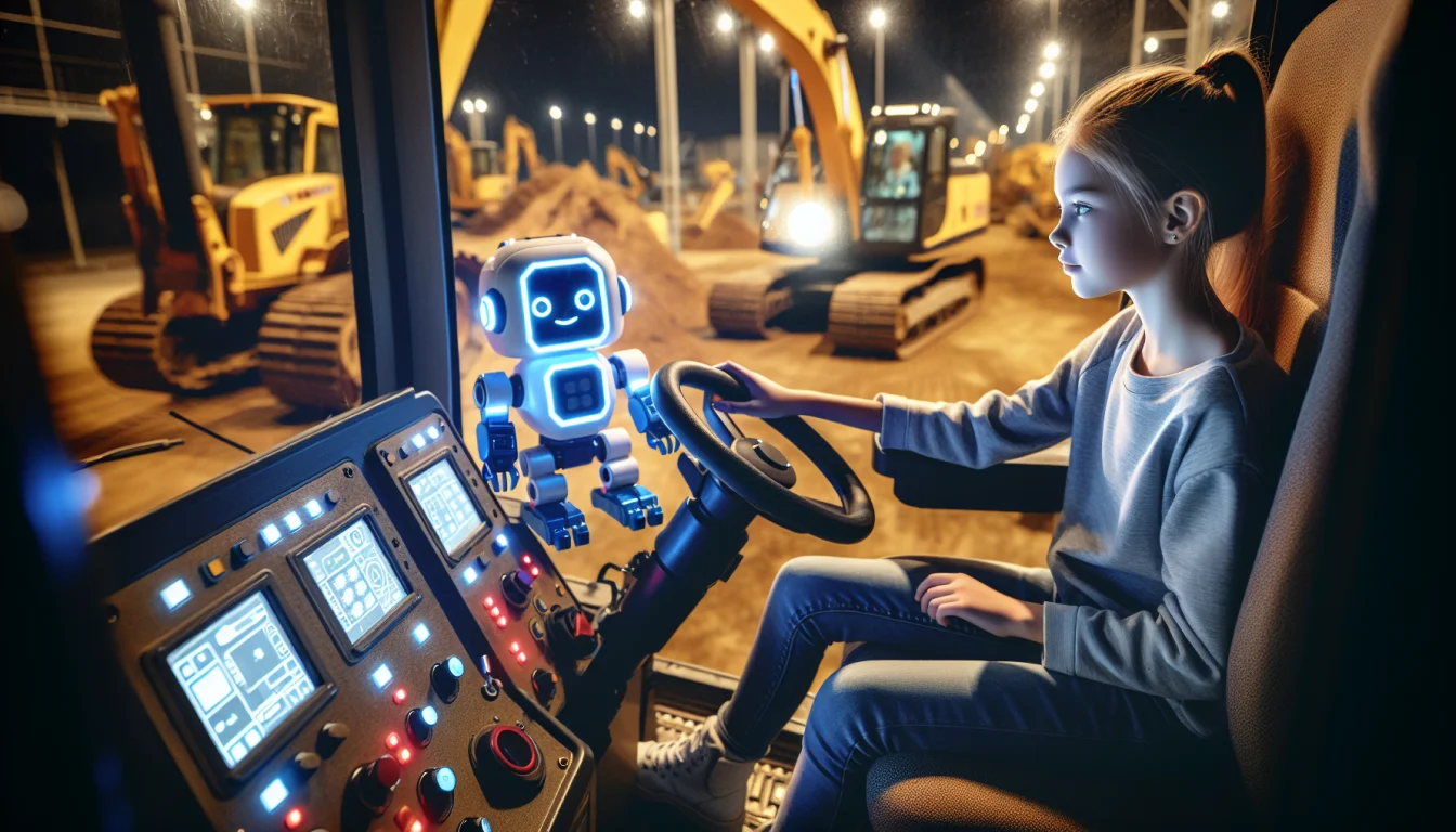 A young girl operates a construction vehicle's control panel while interacting with a small robot in a dimly lit construction site at night.