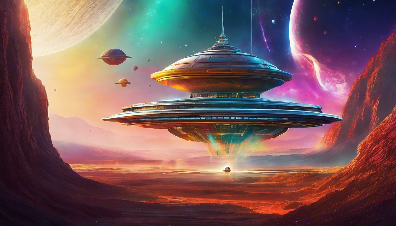 A spaceship hovers over an alien planet with a mysterious library in the background.