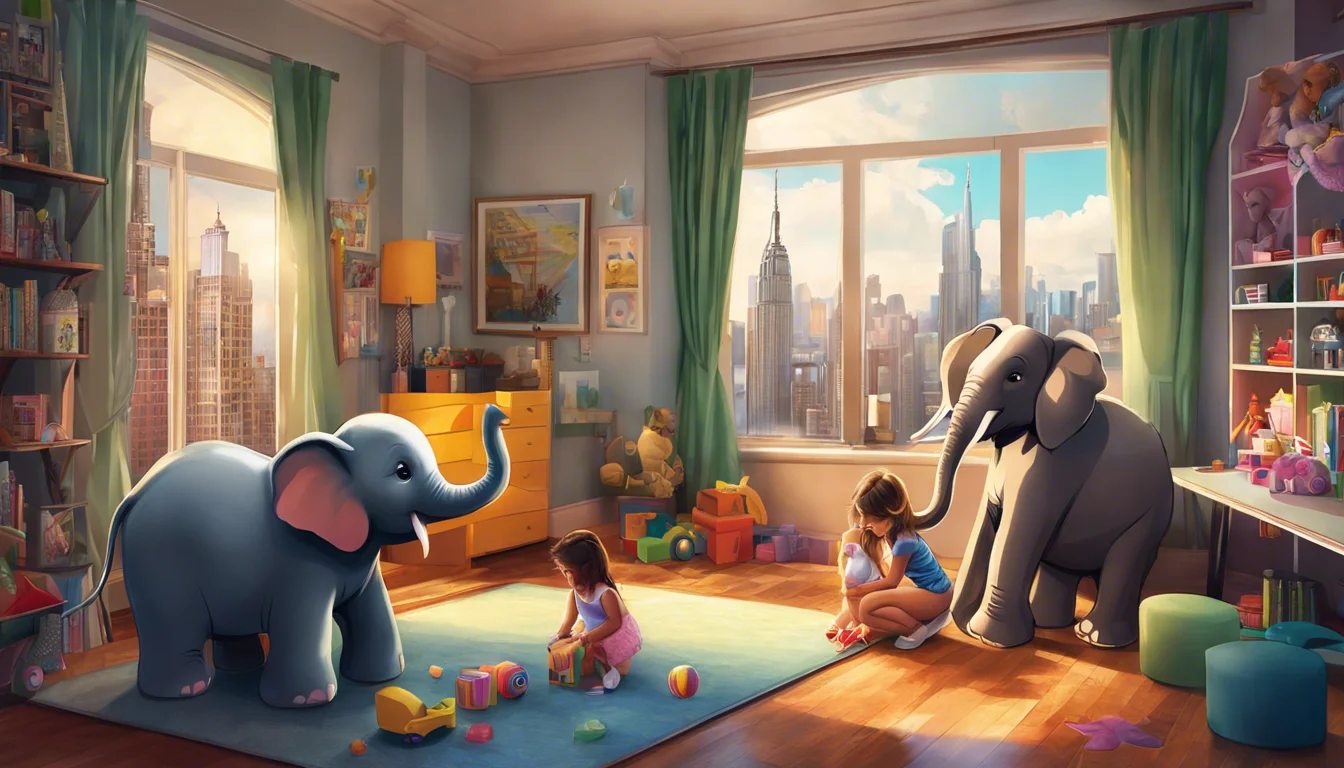 A colorful playroom with two animated elephants and a young girl playing with blocks, large windows showing a city skyline in the background.