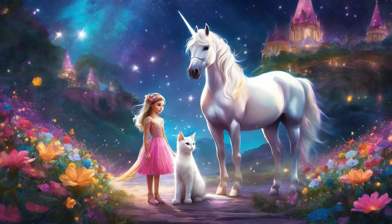 A magical scene featuring a girl in a pink dress standing beside a white unicorn and a fluffy white cat, surrounded by colorful flowers under a starry sky and enchanted castles in the background.