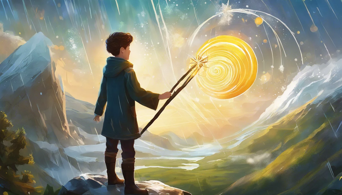 A young boy standing on a mountainside, holding a glowing wand that emits a swirling golden light against a vibrant, magical landscape with mountains and a river.
