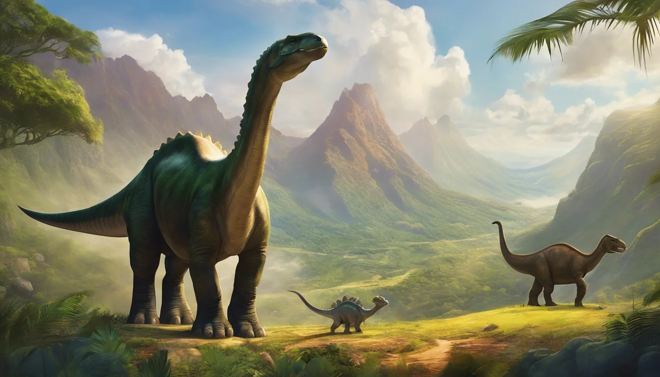 A scenic landscape featuring three dinosaurs: a large, long-necked brachiosaurus, a smaller sauropod, and another dinosaur, set against a backdrop of lush mountains and clouds.
