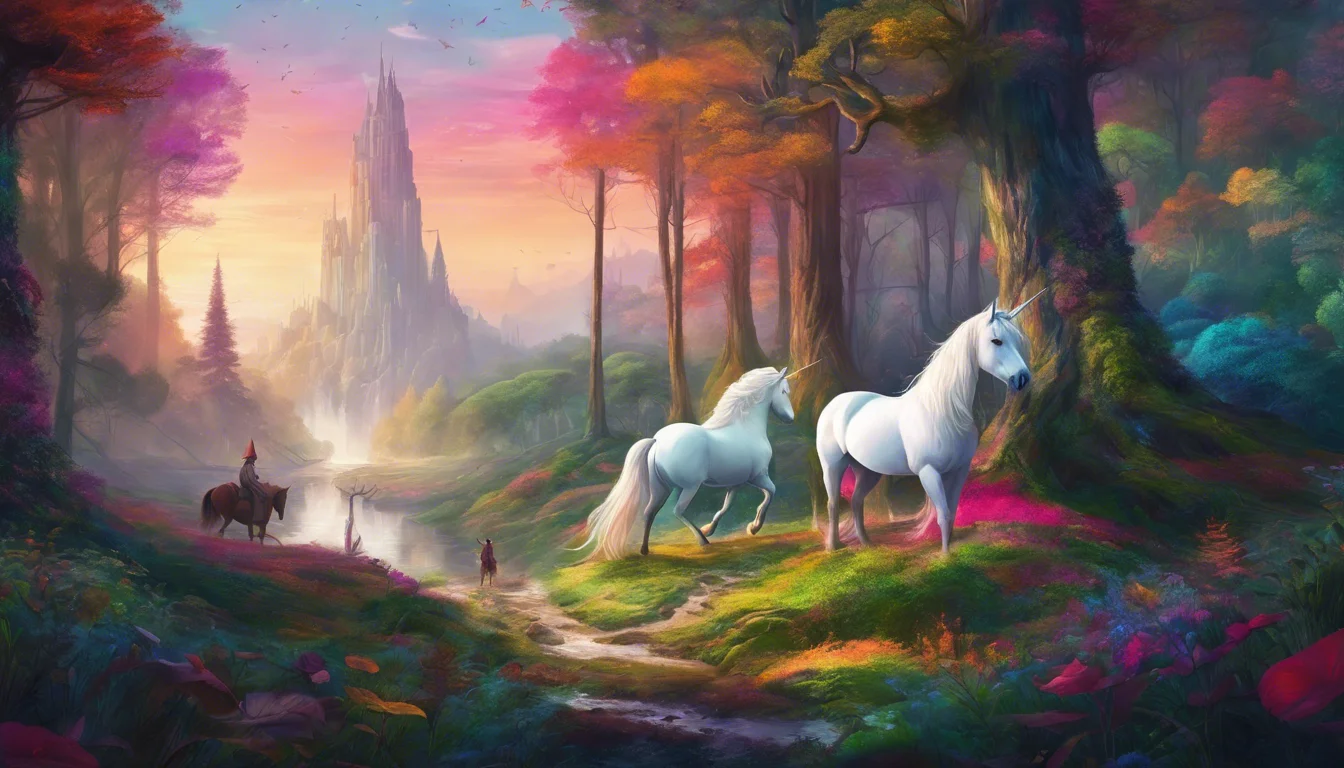 A magical landscape featuring two white unicorns in a vibrant forest, with a distant castle and a rider on horseback under a colorful sunset sky.