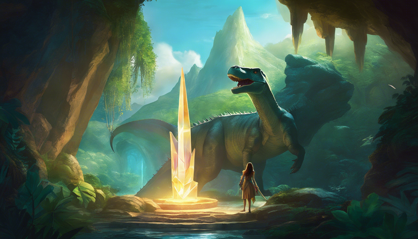 A princess with a glowing crystal in a dinosaur-filled kingdom.