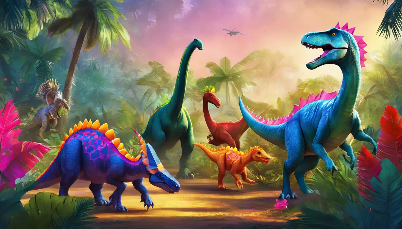 A vibrant scene depicting colorful dinosaurs, including a stegosaurus, brachiosaurus, and velociraptor, set in a lush, tropical jungle with palm trees and a colorful sky.
