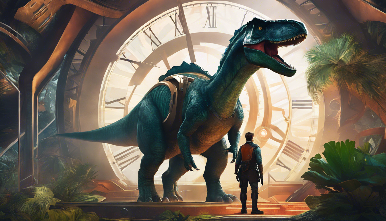 A person stands before a large dinosaur in a lush, prehistoric setting, framed by an oversized clock.