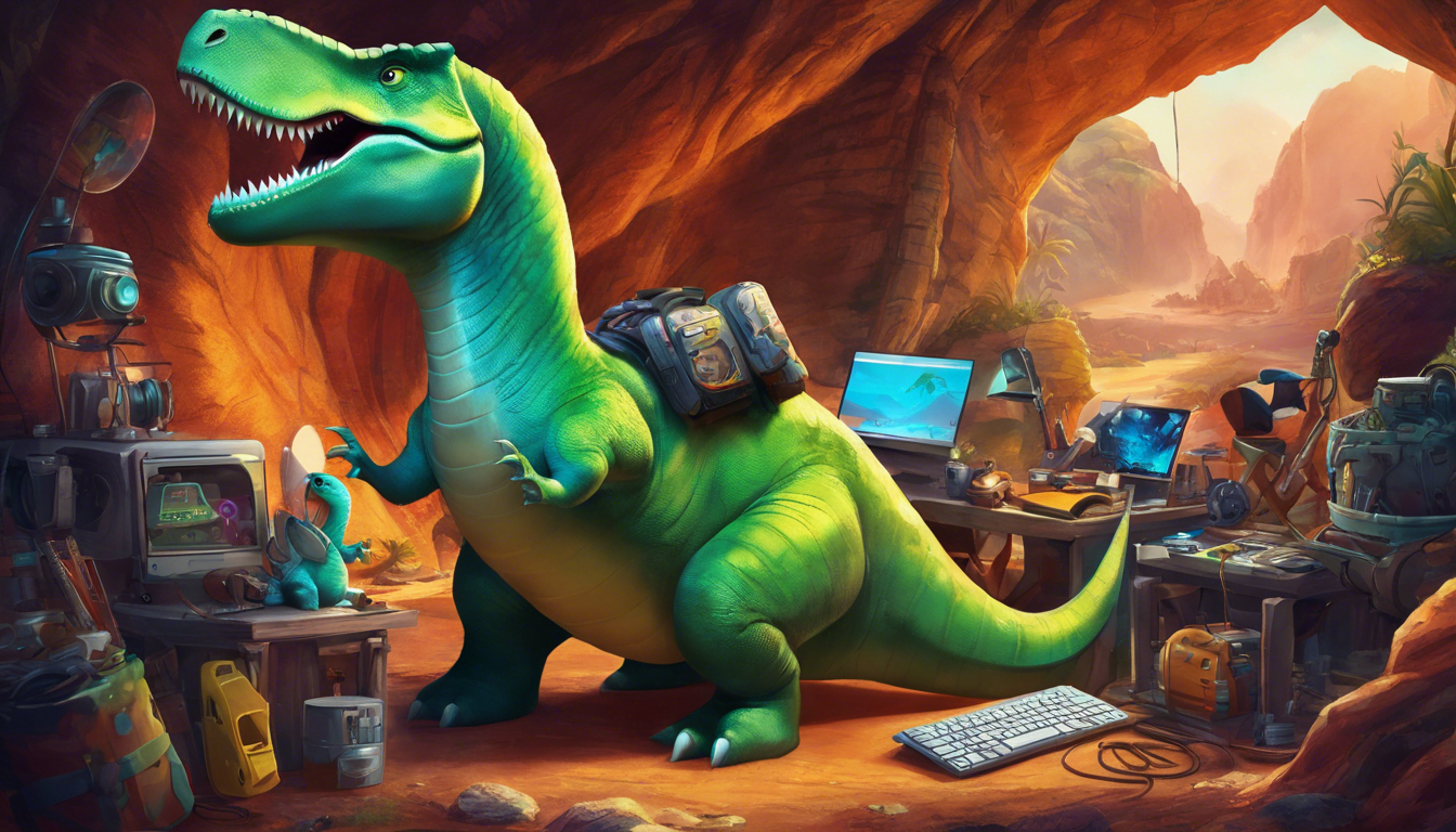 A dinosaur inventor surrounded by gadgets in a colorful cave.