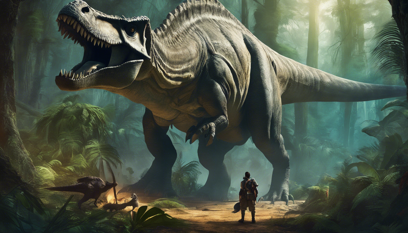 A massive, roaring dinosaur stands in a lush, prehistoric jungle, while a small human figure looks up in awe.