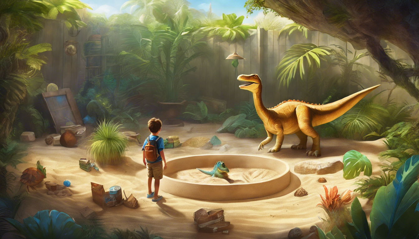 A boy and a dinosaur playing in a sandbox.