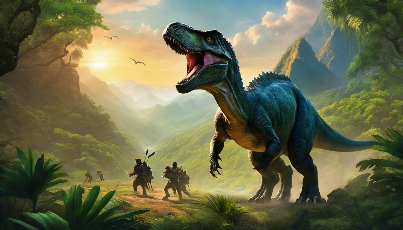 A brave dinosaur leads friends in a battle in a lush valley.