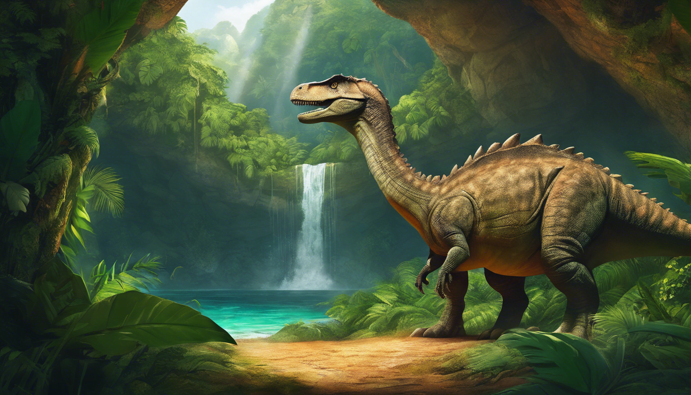 A dinosaur guards a cave filled with treasures and fossils.