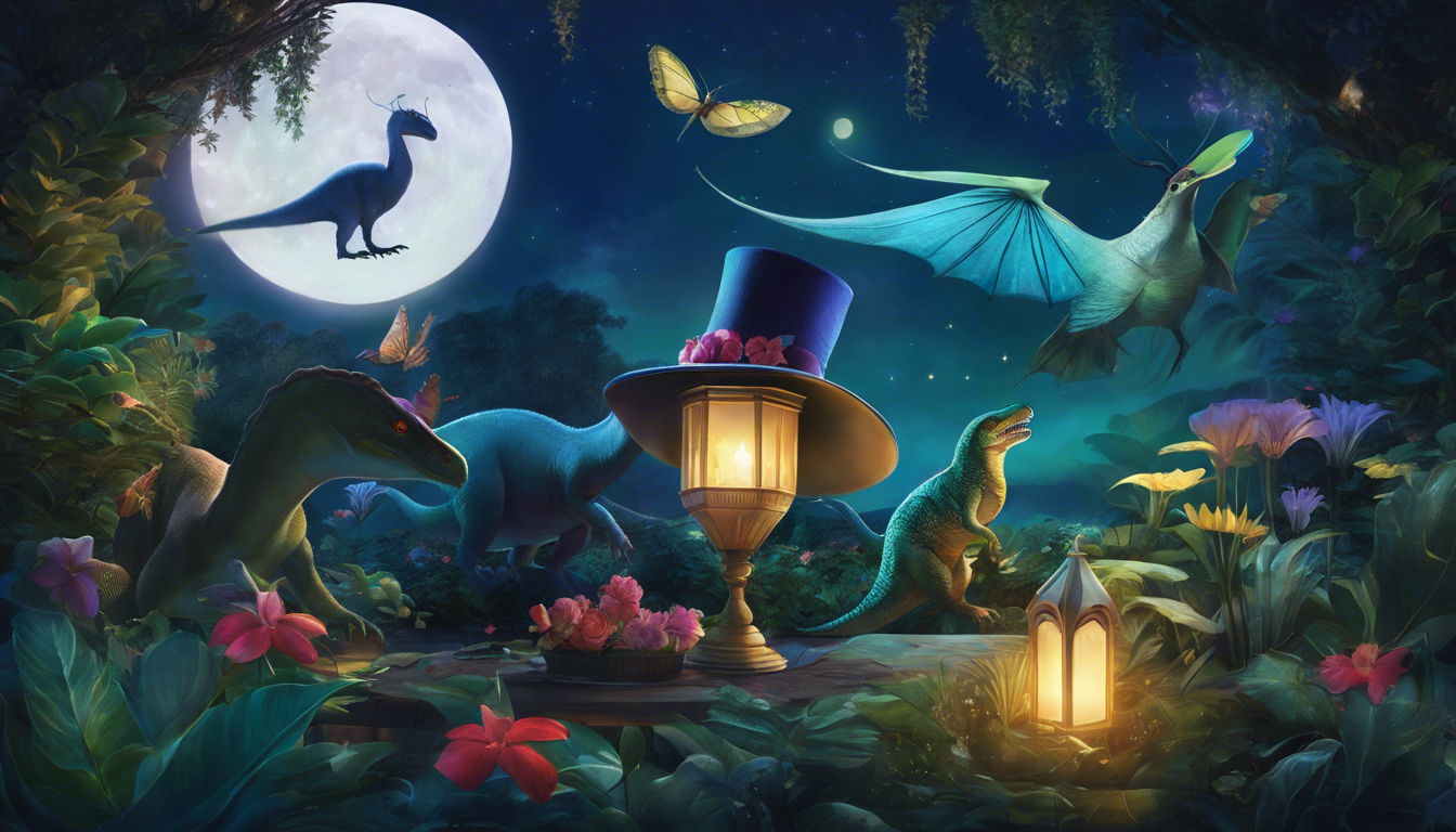 Dinosaurs in fancy hats having tea in a whimsical garden under moonlight.