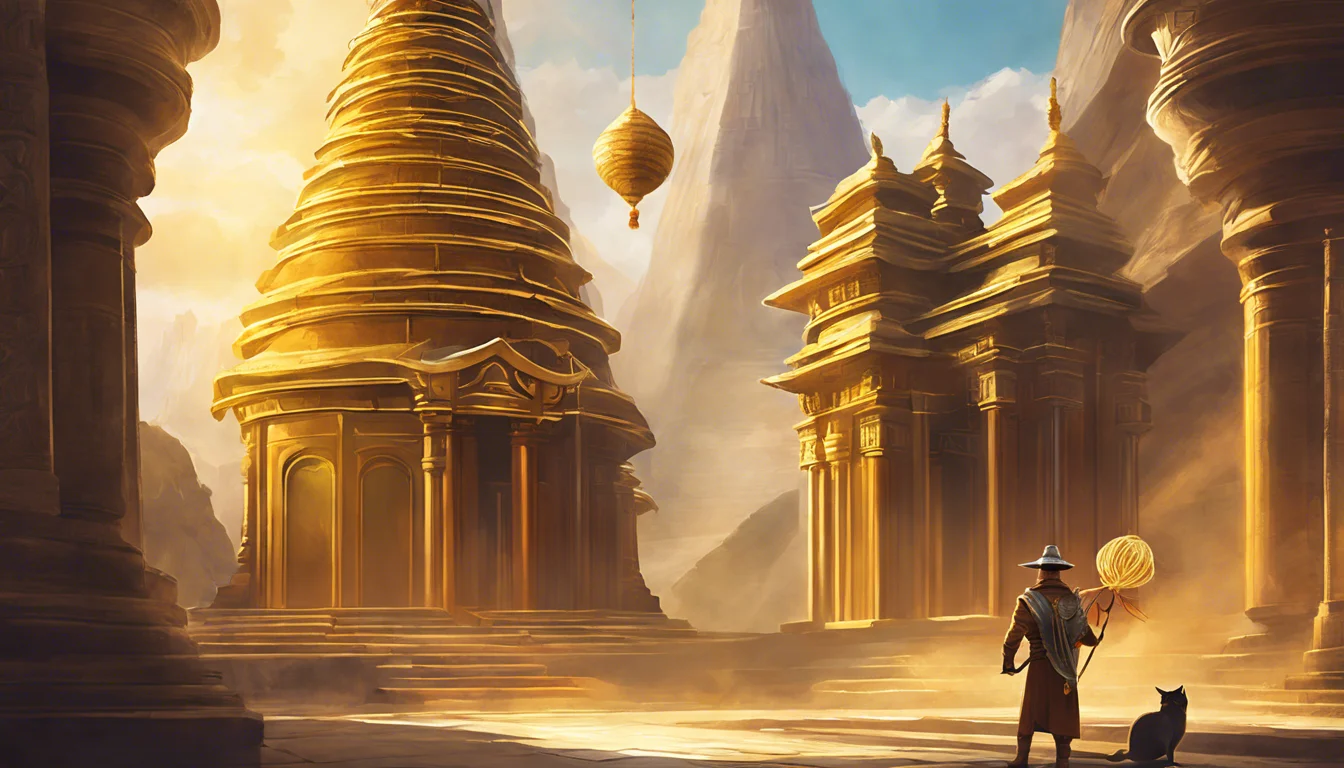 A lone figure in a traditional outfit stands before golden temples surrounded by majestic mountains, with a cat by their side and lanterns hanging in the warm, ethereal light.