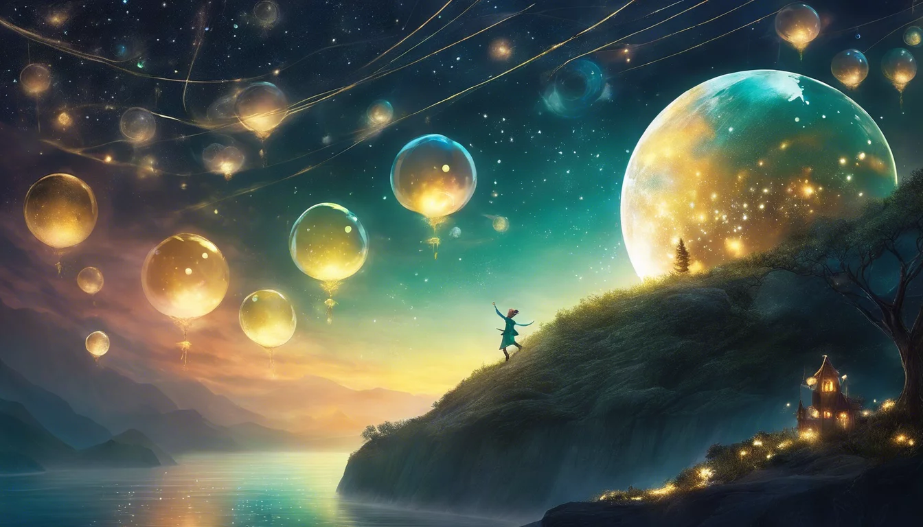 A magical landscape featuring glowing balloons floating in a starlit sky, with a large moon and shimmering water, as a figure dances joyfully on a hillside.