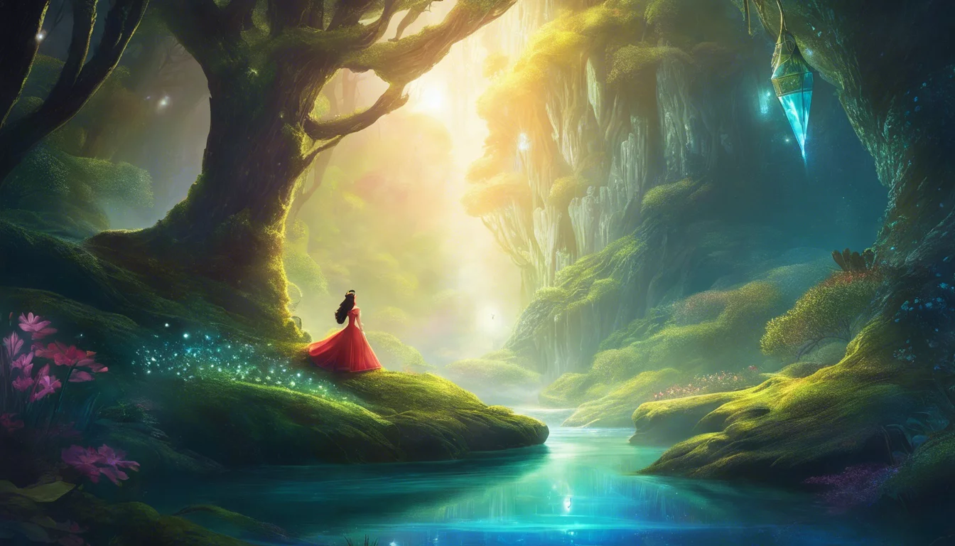 A serene fantasy landscape featuring a figure in a red dress standing by a tranquil river, surrounded by lush trees, glowing light, and vibrant flowers.