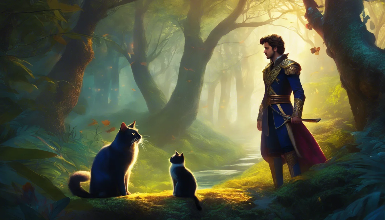 A young man in regal attire stands in a mystical forest, facing two cats amidst soft, glowing light filtering through trees.