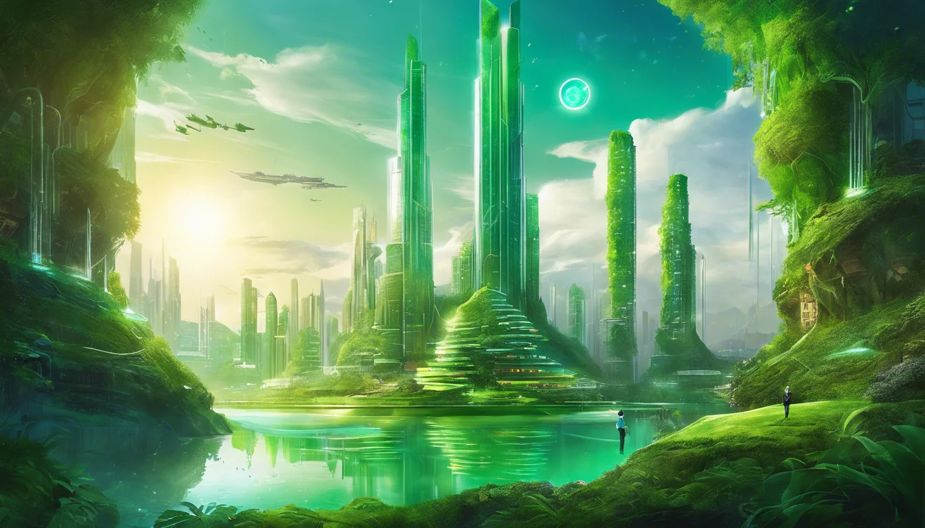 A lush, futuristic landscape featuring towering green skyscrapers and terraces, surrounded by a tranquil body of water and illuminated by a bright sunrise.