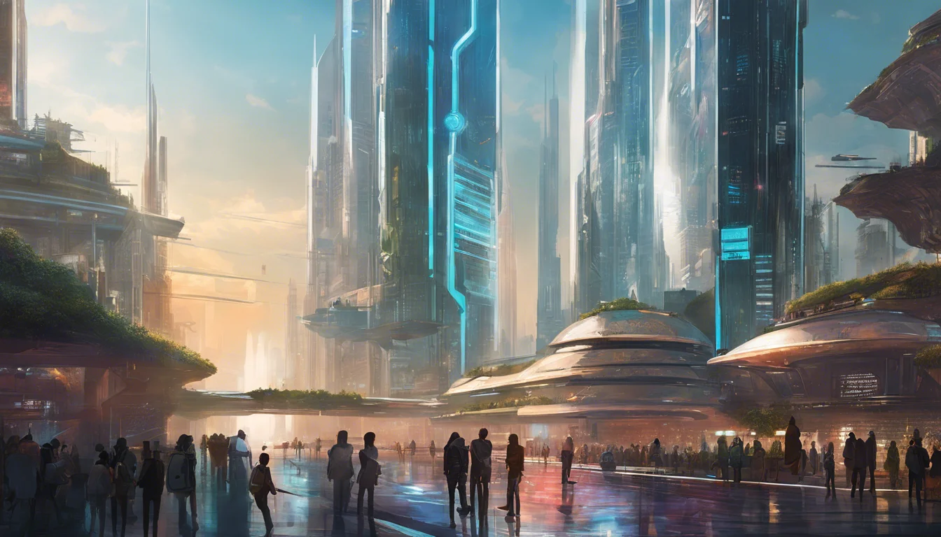 Futuristic cityscape at sunset, featuring towering skyscrapers with glowing blue accents, sleek rounded buildings, and silhouettes of people in the foreground.