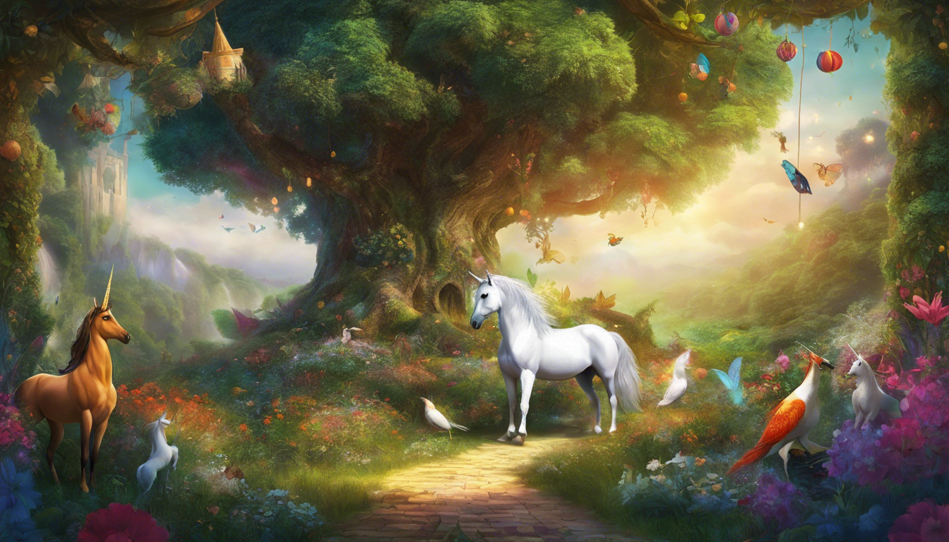 A magical forest scene featuring a white unicorn and a brown horse, surrounded by colorful flowers, singing birds, and a large, lush tree adorned with lanterns.