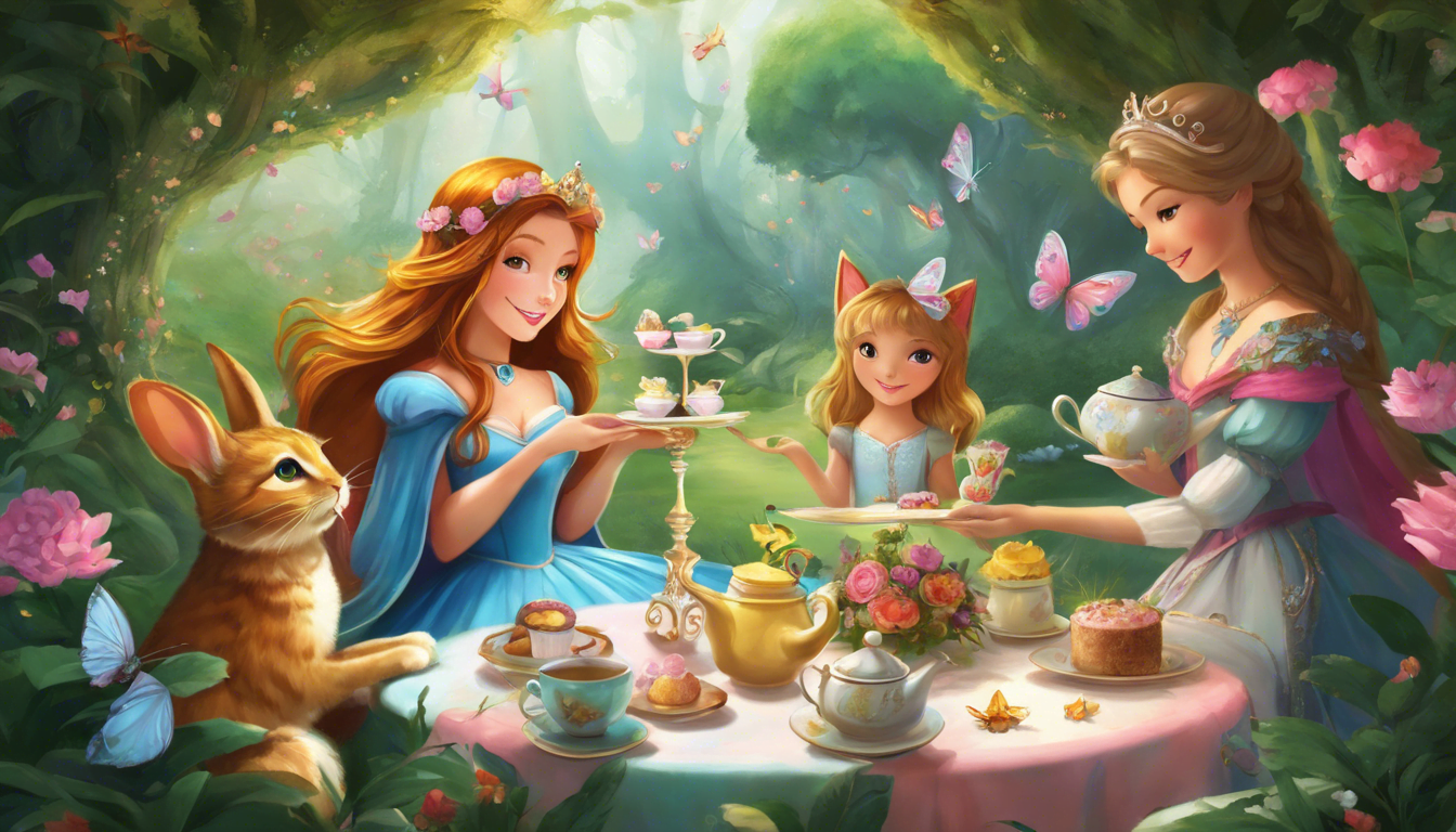 A princess hosting a tea party in an enchanted garden surrounded by whimsical creatures.
