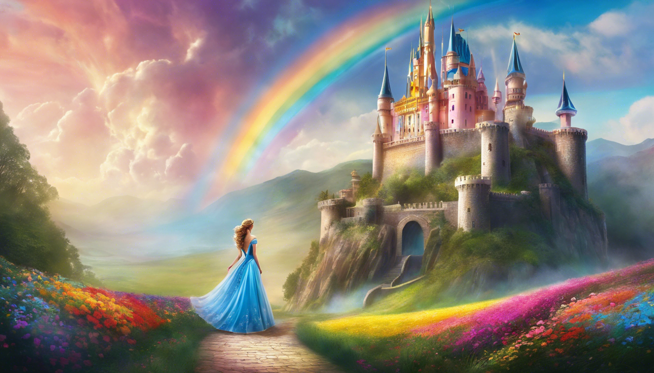 A princess standing in front of a magical castle.