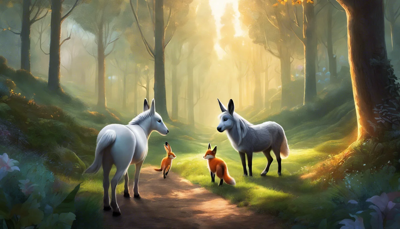 A serene forest scene featuring two mythical unicorns and two playful foxes amidst soft sunlight filtering through the trees.
