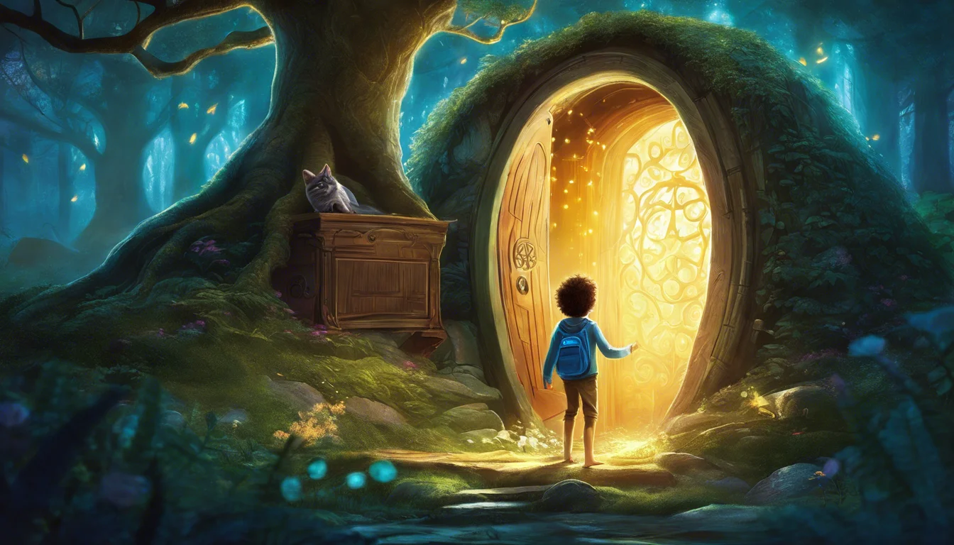 A child stands at the entrance of a glowing, whimsical door in a magical forest, with a cat perched nearby.