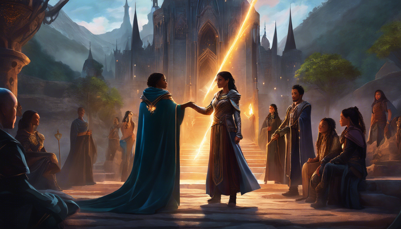 Ethereal scene depicting two figures in an epic moment of connection, surrounded by a group of onlookers, with a mystical castle in the background and a radiant beam of light illuminating the scene.