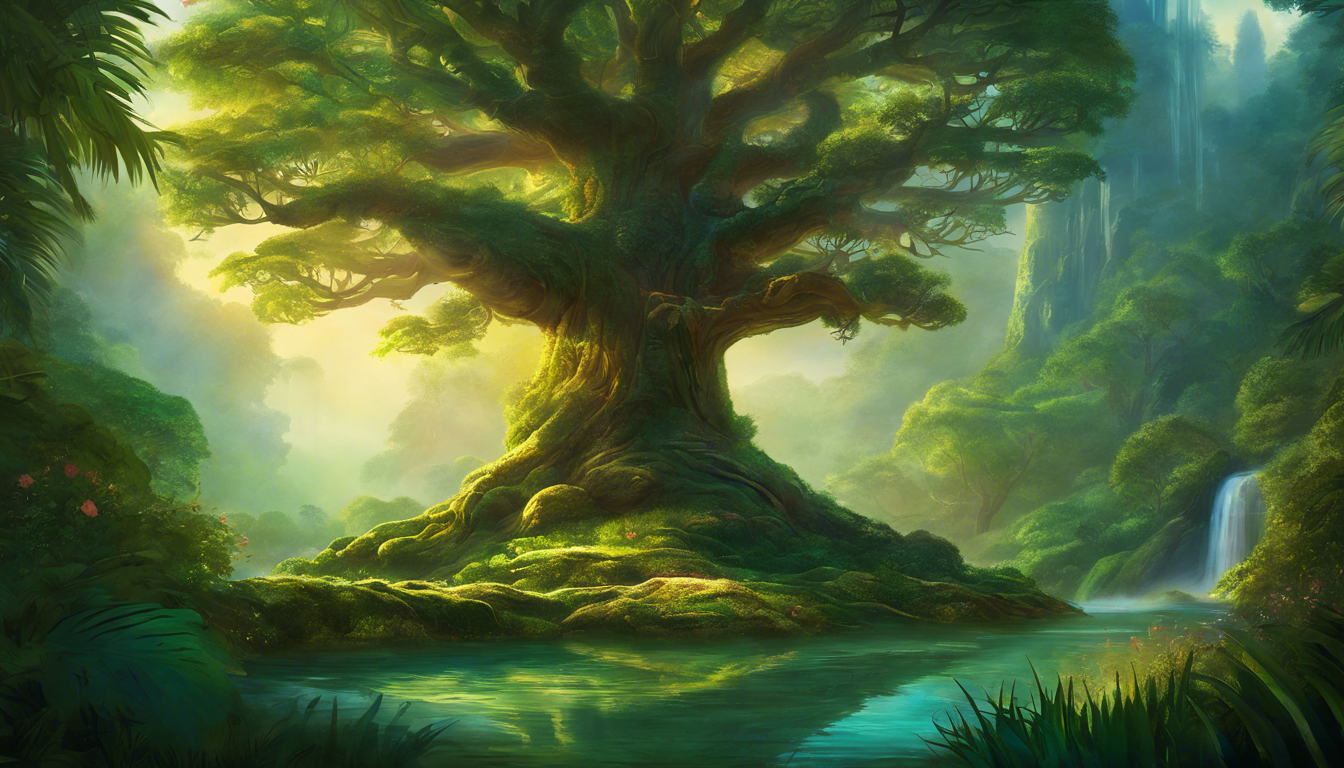 A magical tree surrounded by enchanted creatures in a lush forest.