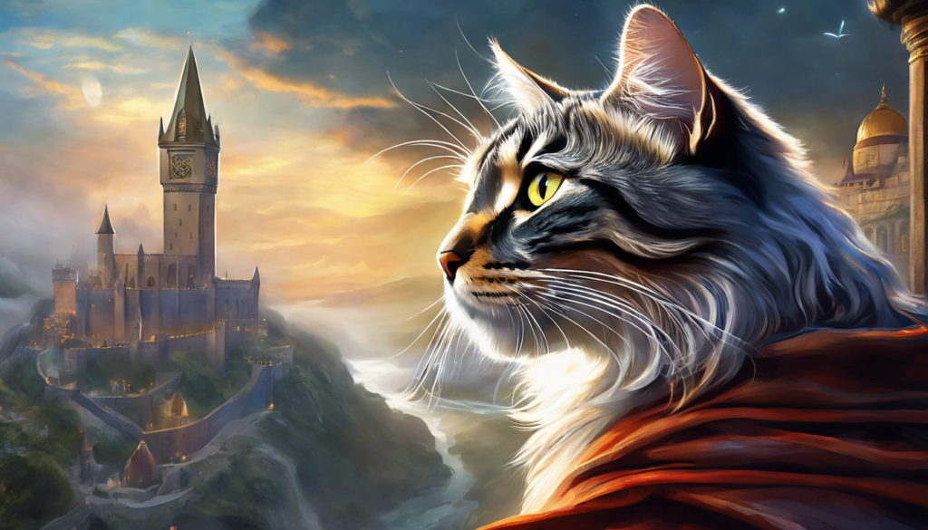 A cat seen from the side is looking into the distance. In the far background a majestic castle can be seen.