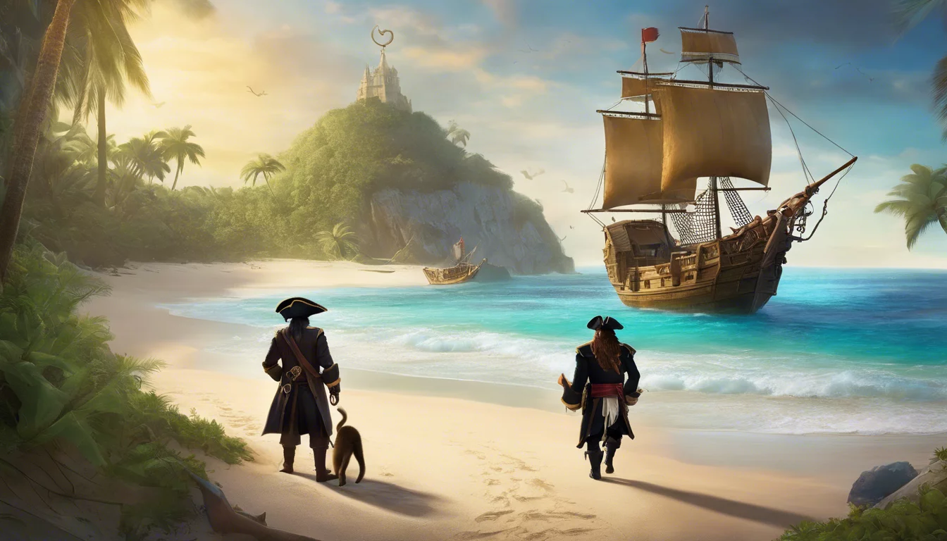 A scenic beach with two pirates, one with a dog, walking towards a ship anchored near a tropical island under a colorful sky.