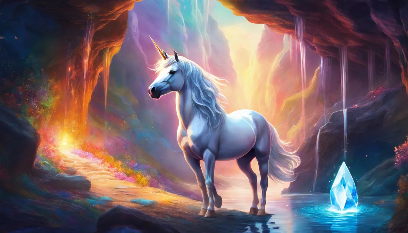 A majestic white unicorn standing by a sparkling crystal in a vibrant, mystical cave illuminated by colorful light.